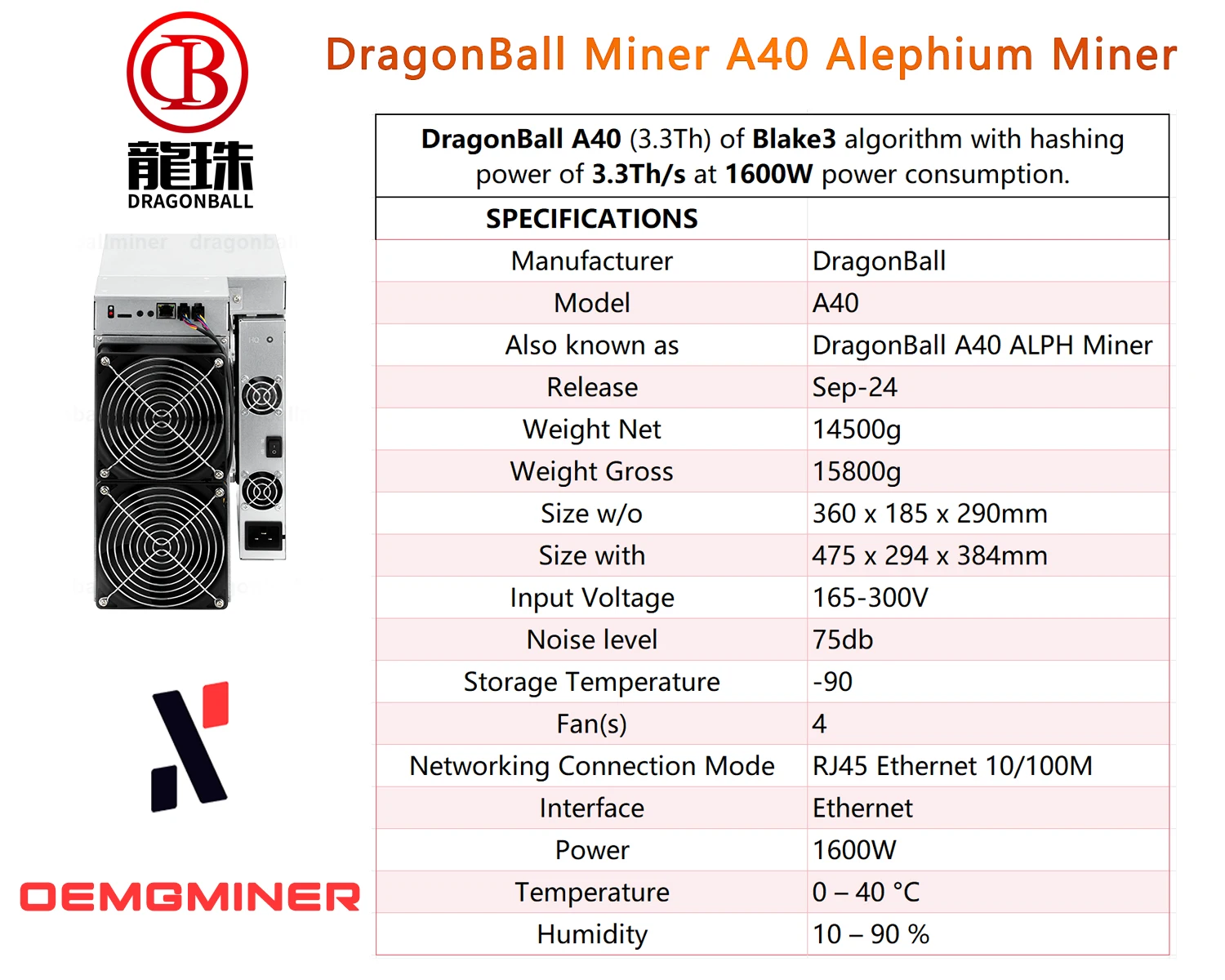 New DragonBall Miner A40 3.3Th/s 1600W Alphcoin Miner Alephium Coin Cryptocurrency Asic Server Hardwarer High Yield Miner