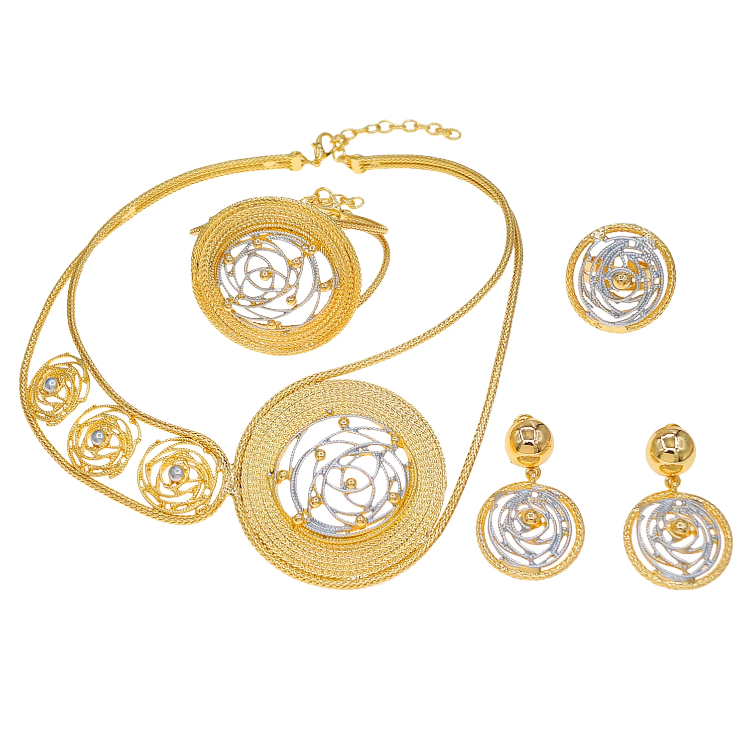 Yulaili Brazilian Gold Plated Two Tone Spiral Jewelry Set for Women Party Wedding Necklace Earrings Bracelet Ring X00032