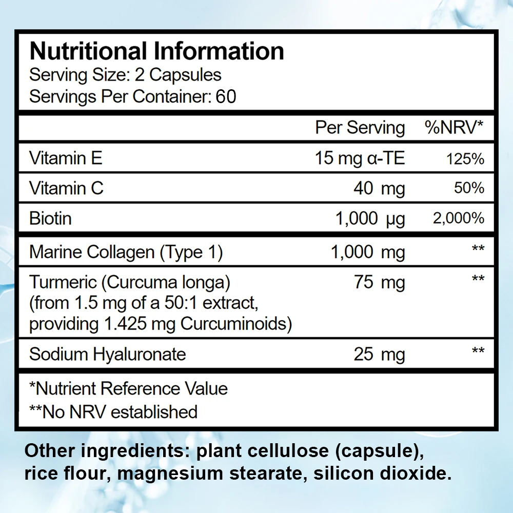 Marine Collagen Type 1 - Hyaluronic Acid Turmeric Vitamins C, E, Biotin Supports Healthy Skin Nails Hair Collagen Supplement