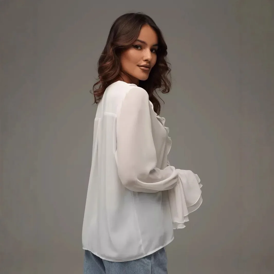 Spring New Fashion Ruffle Long-sleeved V-neck Lace-up Versatile Shirt Women's European American Style Cross-border Women