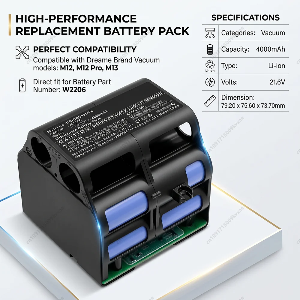 W2206 Replacement Vacuum Cleaner Battery Pack for Dreame M12 M13 H12S H20Pro Plus Mix Ultra 21.6V 6800mAh Li-ion Cell