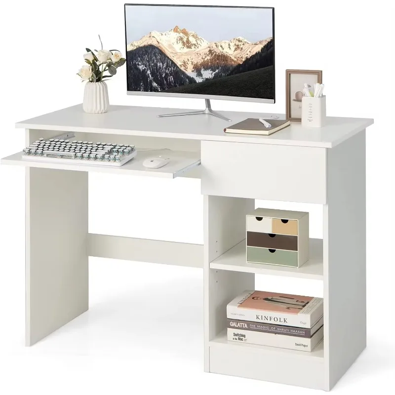 Desk with Drawer,Wooden Computer Desk with Pull-out Keyboard Tray & Adjustable Storage Shelves,Modern Laptop PC Desk with Stand