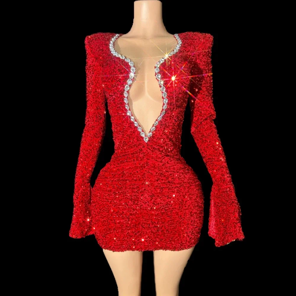 Sparkly Red Sequins Rhinestones Short Dress Women Sexy Deep V Neck Party Evening Celebrate Birthday Dress Performance Stage Wear