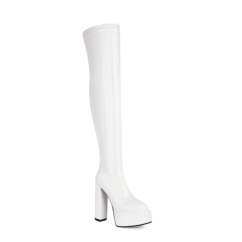 Patent Leather Black White Block High Heels Stripper Thigh High Shoes Platform Overknees Women Winter Long Over-the-knee Boots