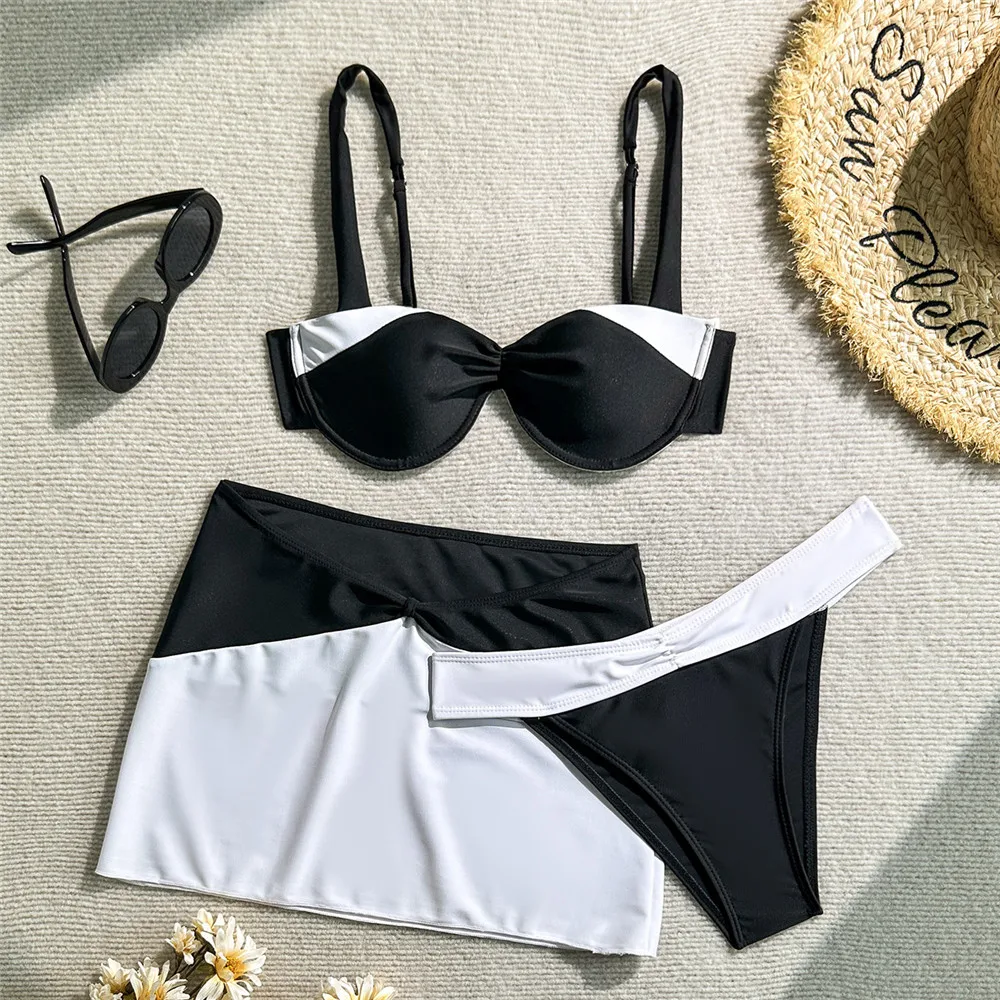 Black White Patchwork Swimwear Push Up Bikinis Sets 3 Piece Mini Skirts Cover Up Sexy Swimsuit Women 2025 Beachwear Bikini Mujer