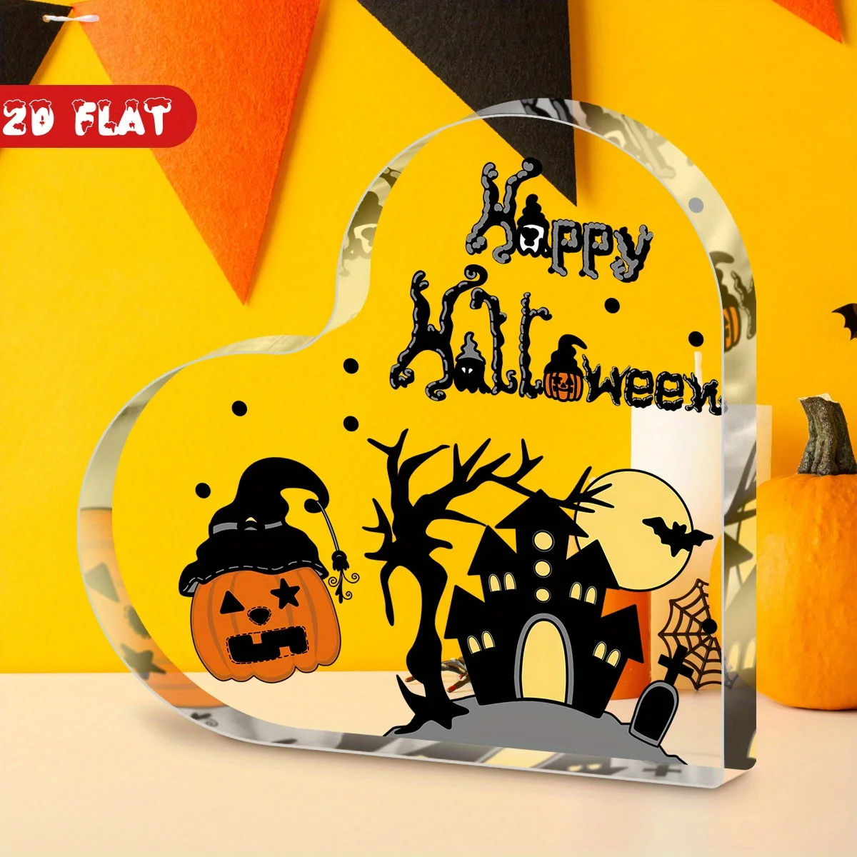 Heart Shape Acrylic Sign, Happy Halloween Desktop Ornament, Witch Pumpkin Haunted House Bat Moon Table Decor, Spooky Halloween Home Holiday Gift, 2D Flat, 10cm