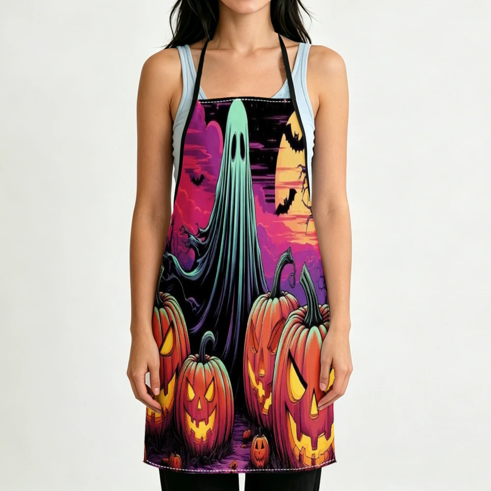 Retro Halloween Style Apron Ghost Pumpkin Print Kitchen Aprons Cooking Baking Adjustable Bibs