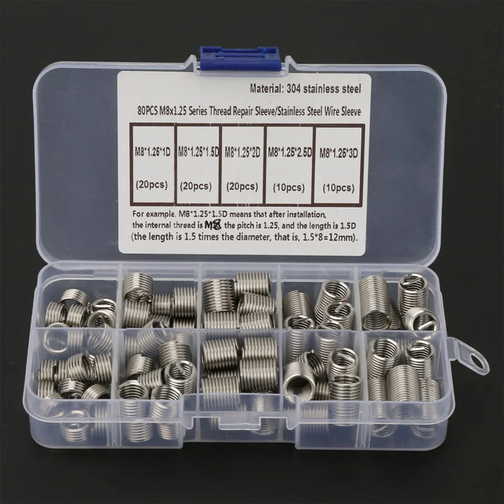 

80PCS M8x1.25 Threaded Inserts Stainless Steel​ ​Coiled Wire​ Spiral Helical Thread Insertion Kit​ ​Helical