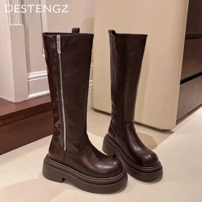 Platform Women Boots Mid Heels Knee High Chunky Shoes Leather Shoes Woman New 2025 Winter Trend Fashion Motorcycle Botas Mujer