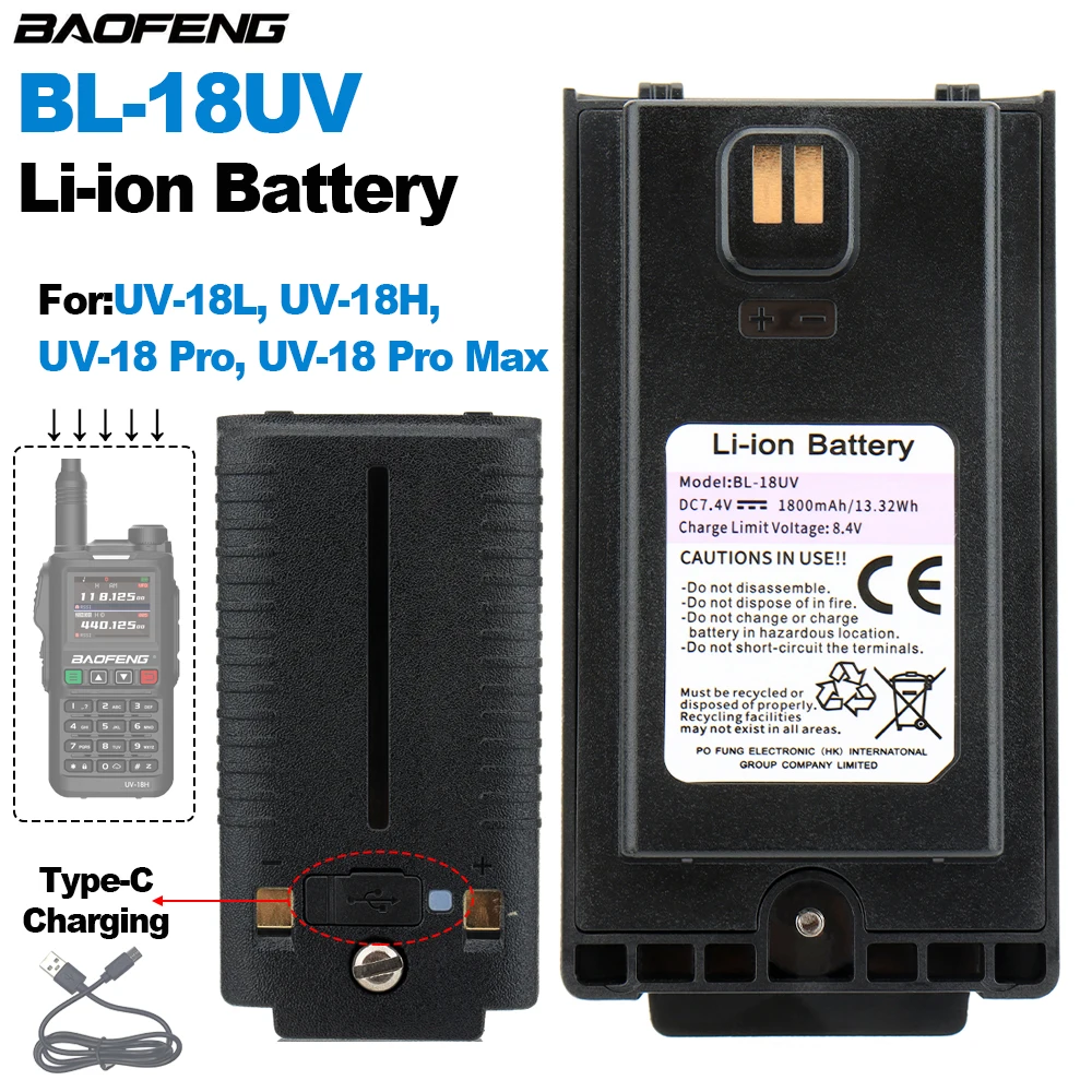 Baofeng UV-18H Original Battery 1800mAh Support Type-C Charging BF-UV18 UV-18L UV-18 Pro Max Two Way Radios Li-ion Battery