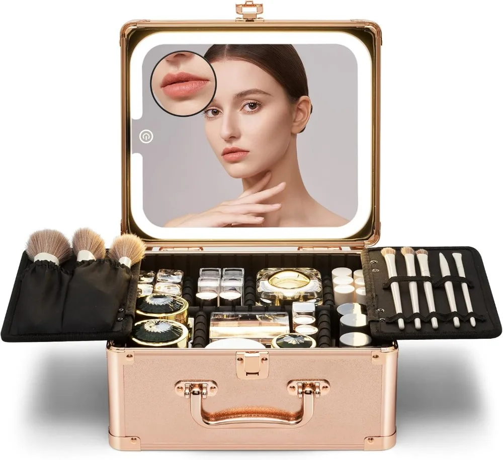 

Portable Makeup Case with LED Mirror, Adjustable Dividers & Rechargeable Light - Rose Gold Cosmetic Organizer