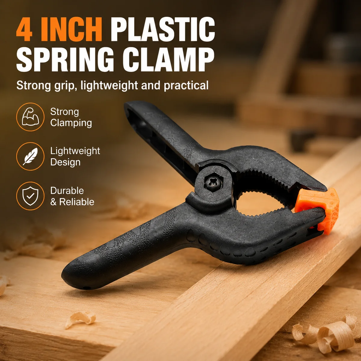 4 Inch Plastic Spring Clamp, Single Black A Clamp with Orange Protective Pads for Woodworking DIY Crafts Photo Backdrops
