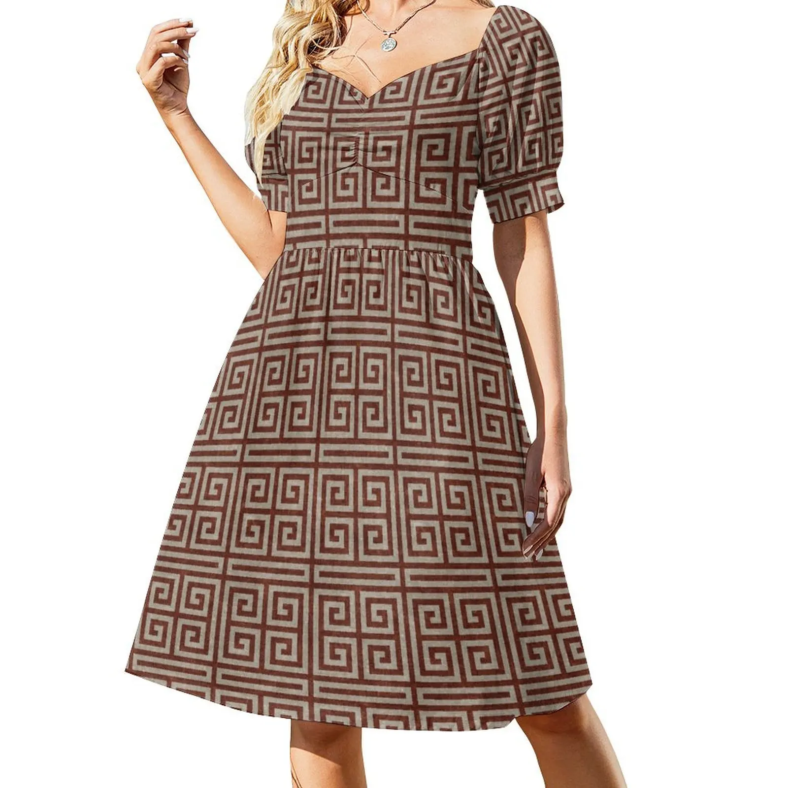 Greek Key - Stone and Rust Short Sleeved Dress Woman clothing Women's skirt Dress