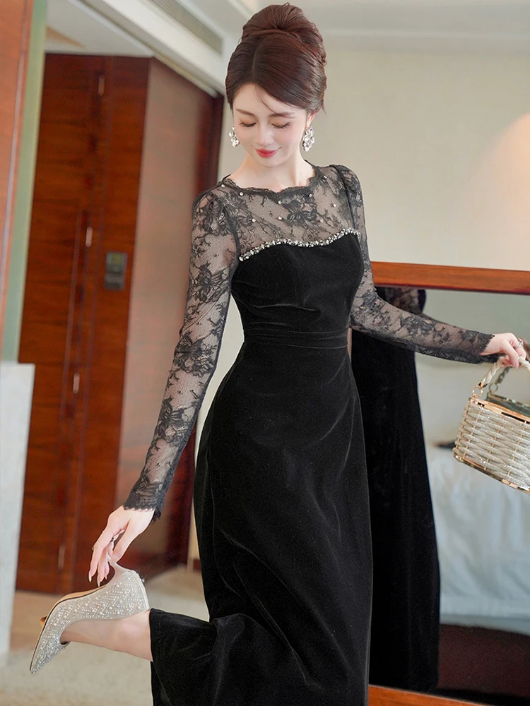 Women's French Elegant Evening Party Dresses  Sheer Lace Black Diamonds Pocket Swing Robe Female Party Banquet Vestidos