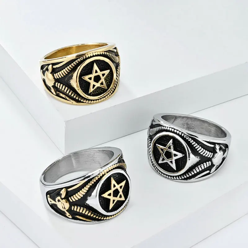 Men's Stainless Steel Dark Wind Satan Goat Pentagram Ring Fashionable Gothic Style Accessory for Casual Wear