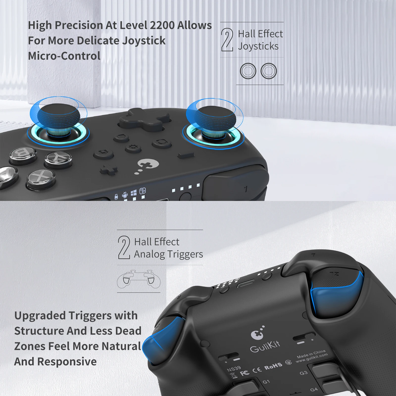 وحدة تحكم GuliKit KK3 MAX NS39 KingKong 3 لوحة ألعاب لاسلكية لنظام التشغيل Windows Nintendo Switch Android iOS مع عصا تحكم بتأثير القاعة