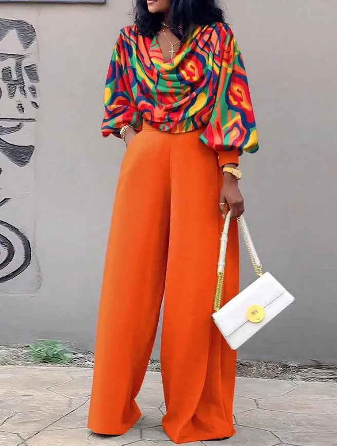 우아한 2피스 의상 플로럴 프린트 카울넥 랜턴 소매 신축성 있는 밑단 크롭탑 캐주얼 밴딩 허리 와이드 레그 팬츠 세트