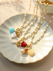 Colorful natural stone pearl heart bee airplane pendant necklace suitable for women stainless steel fashion personality jewelry