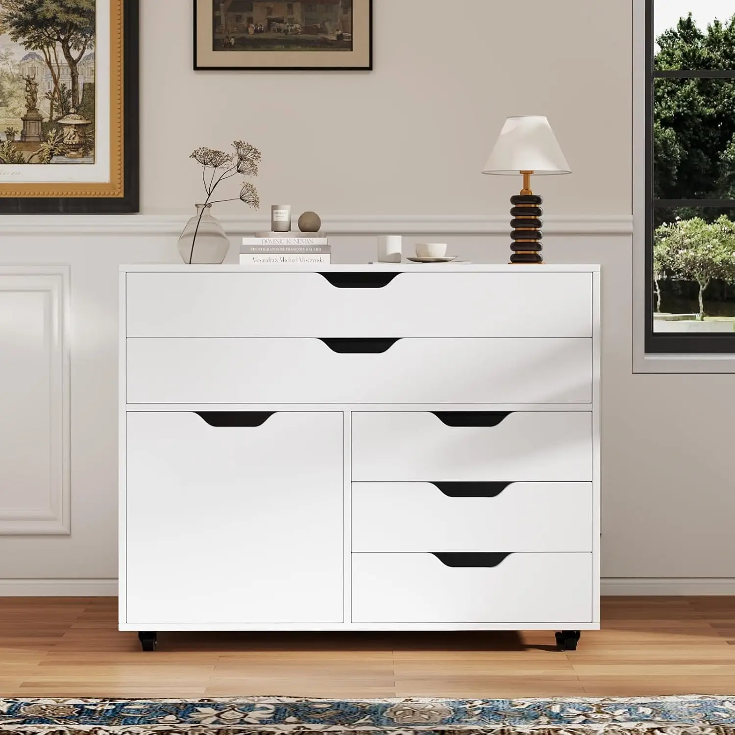 #￥forJINFENG Modern Steel Mobile 5-Drawer Adjustable Lateral Filing Cabinet with Lock Living Room Storage (White 77x40x64cm)