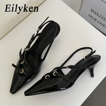 Eilyken seksowne pantofle wąskie paski czółenka z klamrą damskie szpiczaste Toe buty na cienkim obcasie wesele buty typu mule