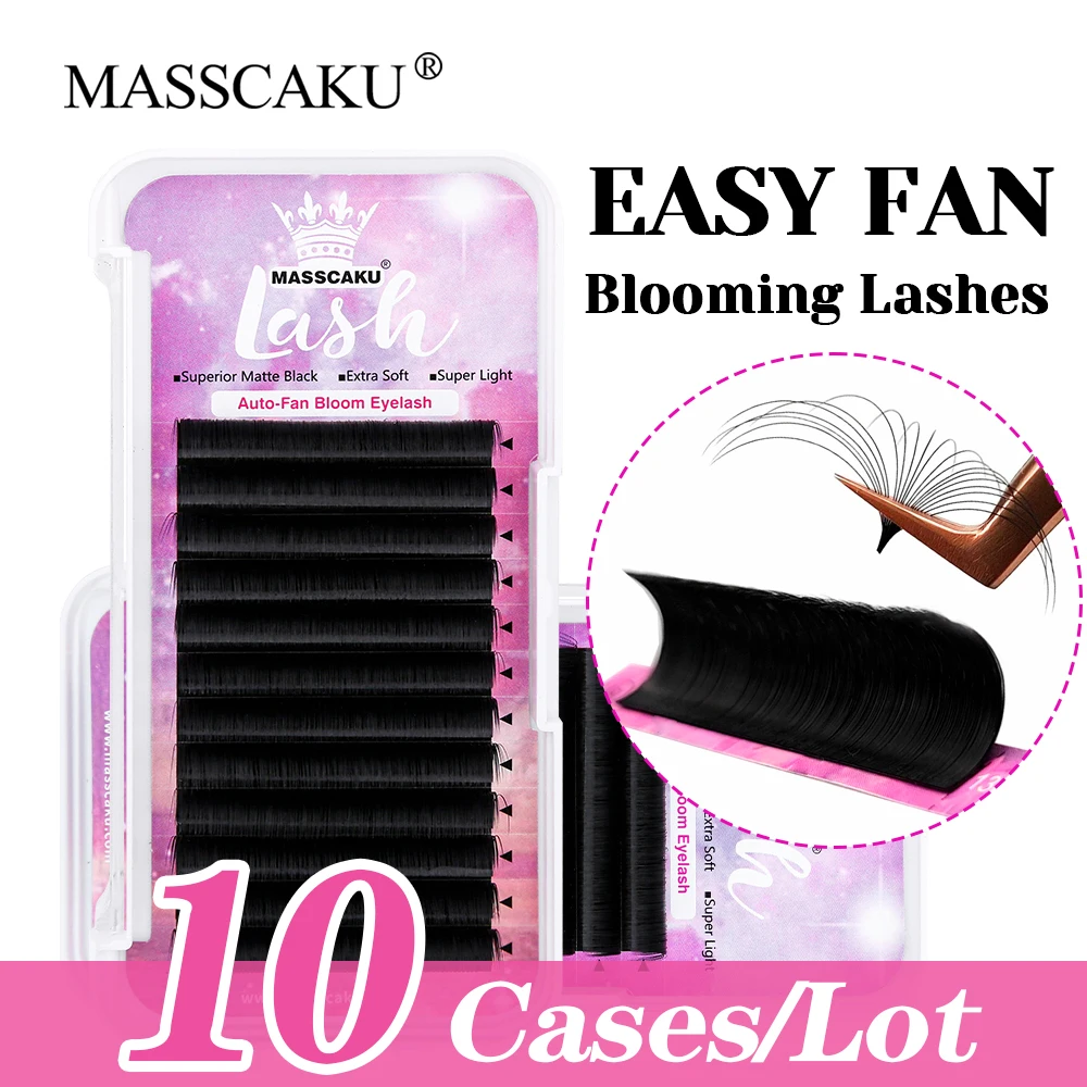 

MASSCAKU 12 Rows 10cases/lot Individual Fast Flowering Eyelash C D Curl Lightweight Matte Deep Black Volume Lashes Easy to Graft