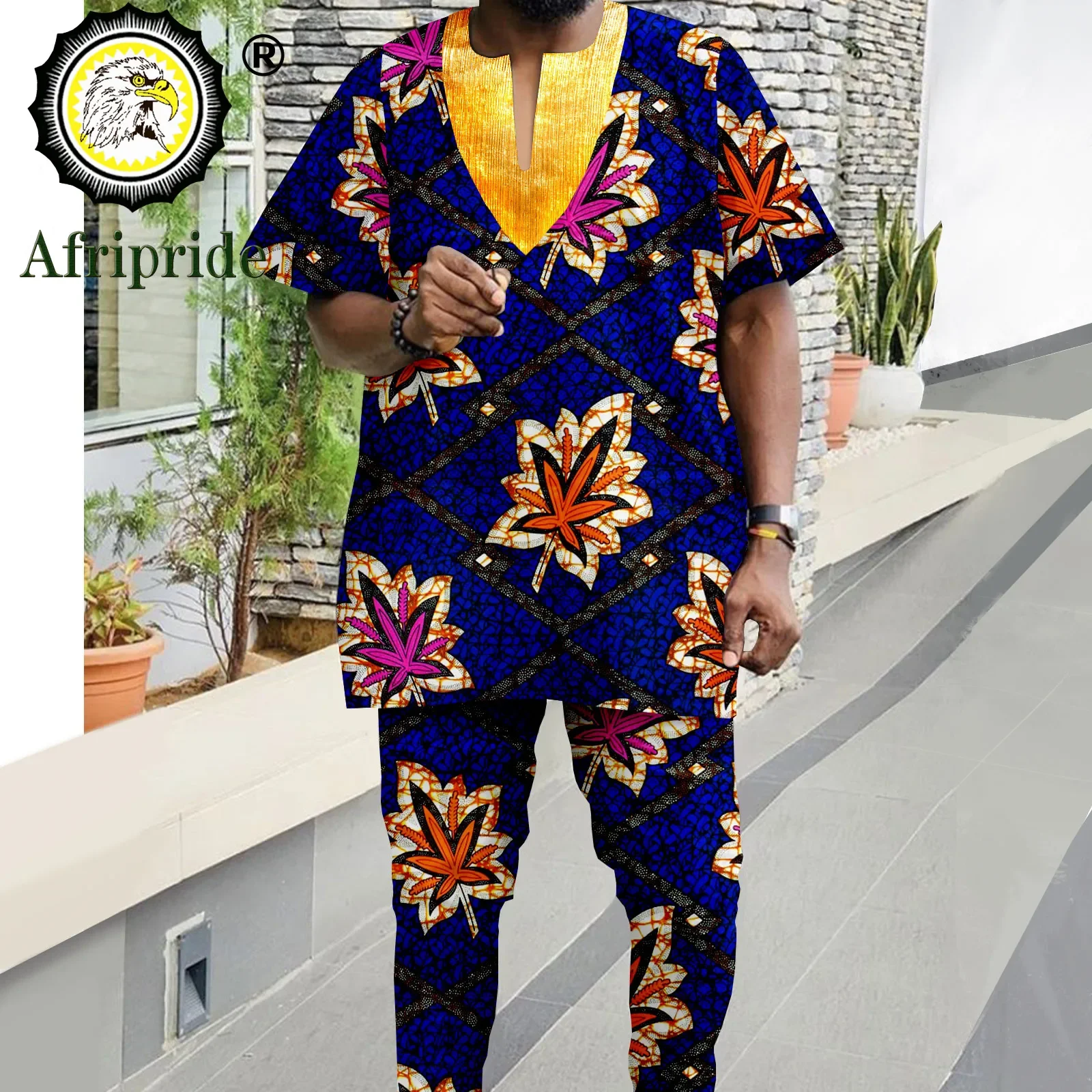 Tracksuit African Suits for Men Shorts Sleeve Print Tops and Pants 2 Piece Sets Plus Size Casual Outfits Bazin Riche A2216100