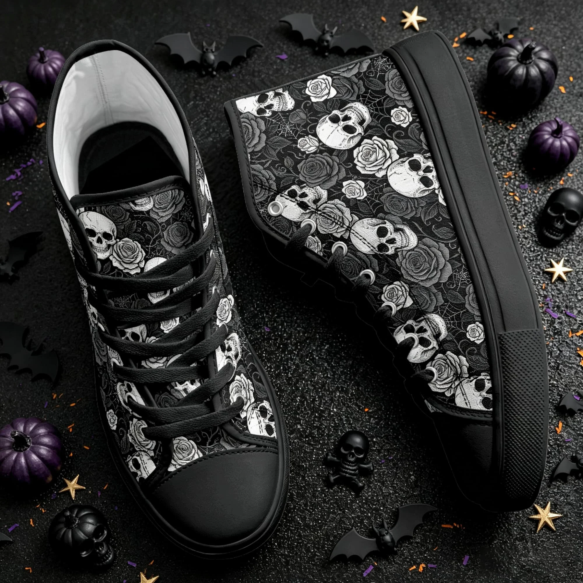 XIXIRIMIDO Red Canvas Sneakers Men New Canvas Sneakers Halloween Shoes Woman Comfortable High-Top Canvas Shoes Skull Pattern