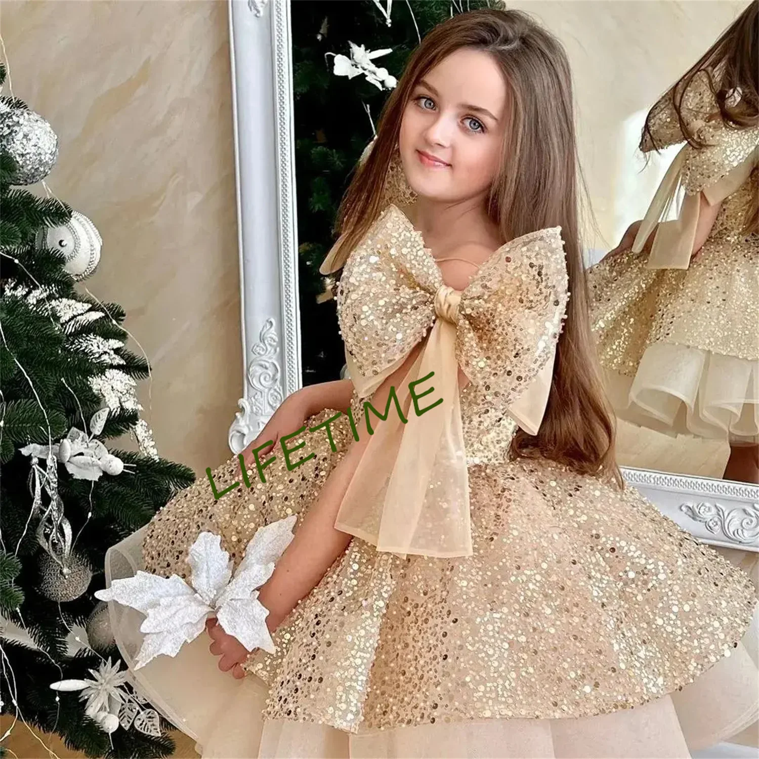 Cute Flower Girl Dress Glitter Embroidery Sequin Princess Full Sleeve Birthday Gown Christmas Dress Child 1-12T Girls Costumes