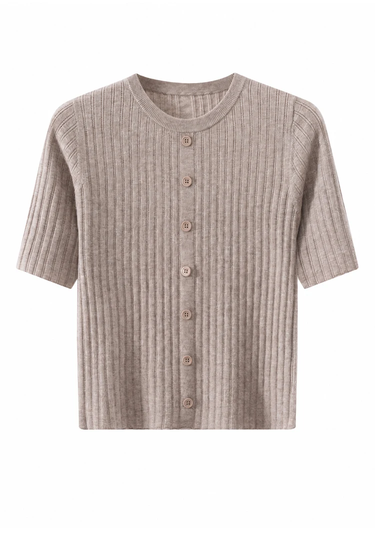 MZ62010 Damen-Pointelle-Strickpullover mit Rundhalsausschnitt, kurzen Ärmeln, Knopfdetails, Modal-Mischung, lässiger Pullover für den frühen Herbst – Detail 14