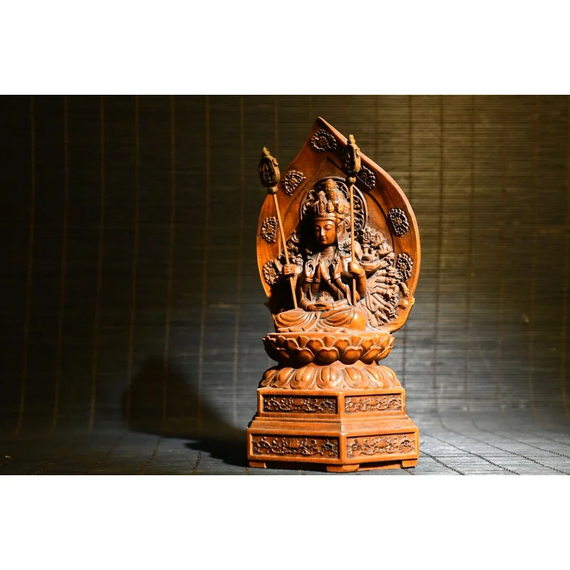 

6.1" Collect China Box-wood Carving Buddhism 1000 Arms Sit Guanyin Statue Craft Gift Decoration Home Decore