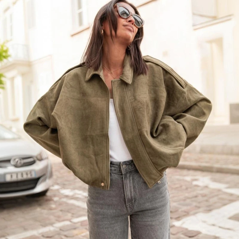 

TARUXY Loose Suede Jacket Women's Long Sleeves Lapel Zipper Pocket Splicing Casual Coat Autumn Fashion Commuting Female Clothing