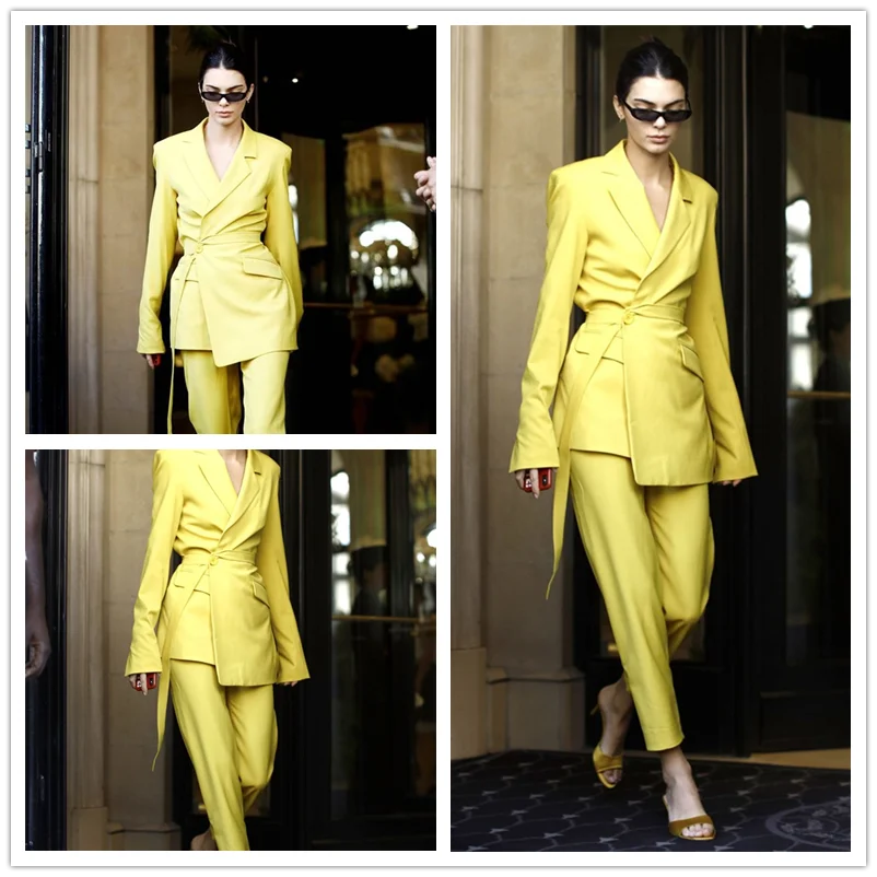 Traje informal amarillo para mujer, conjunto de 2 piezas, Blazer con cinturón + Pantalones, elegante vestido Formal de noche para graduación, a la moda, hecho a medida