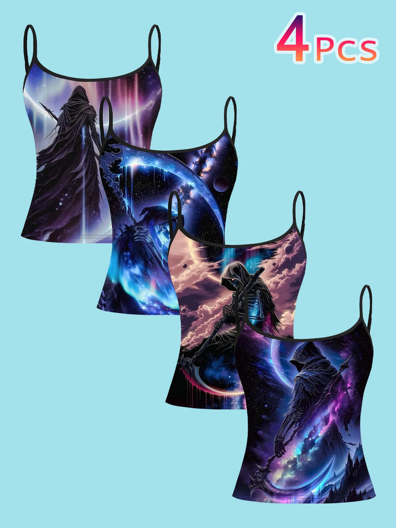 4-Piece Set of Starry Sky Grim Reaper Print Camisole Tops for Women, Gothic Dark Style Spaghetti Strap Slim Fit Spicy Girl Inner Wear Tops