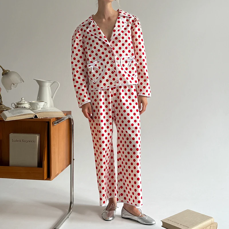 

Valentine's Day Pajama Set Women Long Sleeve Lapel Dot/Heart Print Button Up Shirt + Wide Leg Pants Sweet Girl Lounge Sleepwear