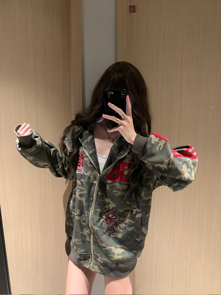 Amerikanischen Retro Camouflage Lange Sve Hut Hoodie Frauen Frühling Herbst Lose Faul Offenen Pullover Mantel Straße Sport Casual Lose...