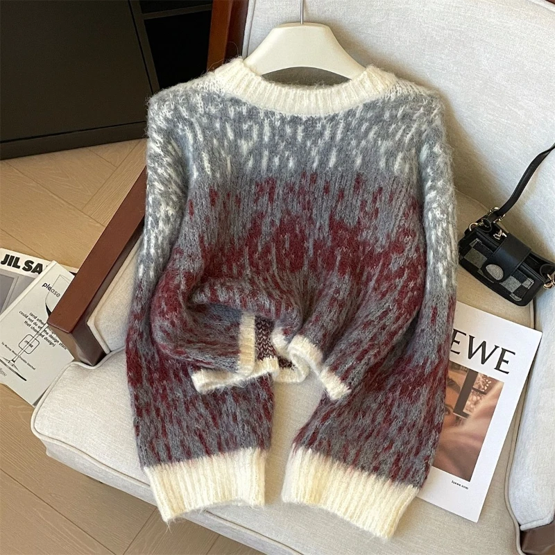 Korean Fashion Autumn Winner Sweaters Women's O-Neck Gradient Color Casual All-match Thicken Long Sleeve Pullovers Knitted Tops