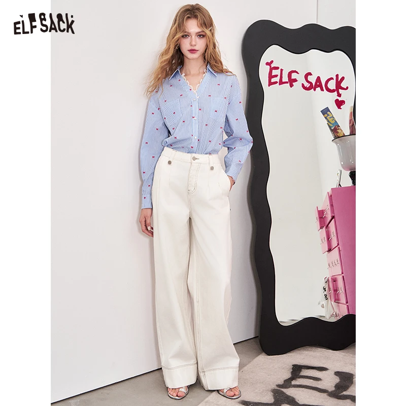ELFSACK 2025 Summer New Arrivals Lace Patchwork V-Neck Blue Striped Long Sleeved Shirt For Women