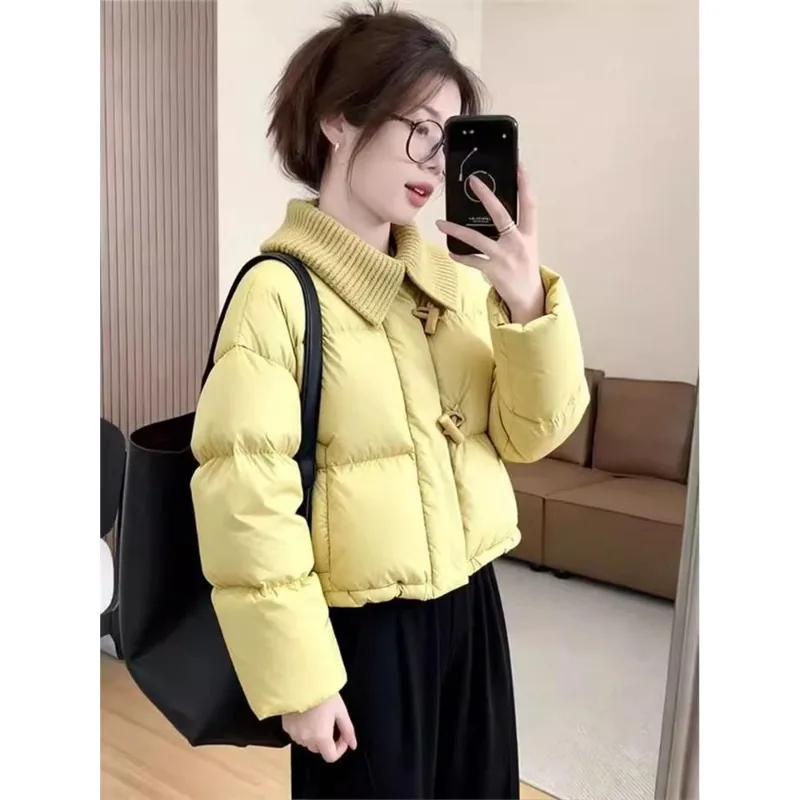 

2026, модная уличная зимняя куртка, новая вязаная теплая хлопковая одежда с лацканами, женское издание, супер узкая короткая хлопковая одежда