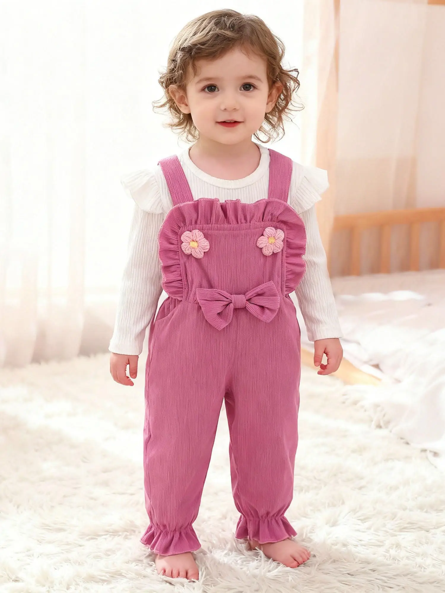 

Одежда для маленьких девочек, весенне-осенние топы в рубчик с длинными рукавами и цветами, комбинезон с бантом, комбинезон для дня рождения, праздника, вечеринки