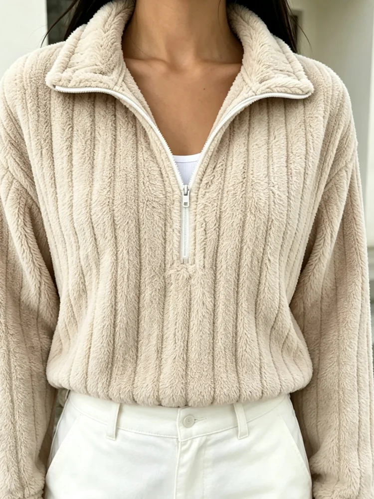 Damen-Fleece-Sweatshirt mit halbem Reißverschluss, gerippt, flauschig, Plüsch-Pullover, Reverskragen, lange Ärmel, lockerer Schnitt, lässiges Winter-Oberteil – Detail 4