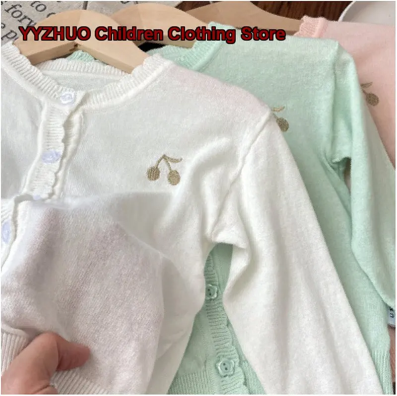 Summer Thin Baby Girls Cherry Embroidered Open-Button Knit Cardigan Air-Conditioning Sun-Protection Top Kids