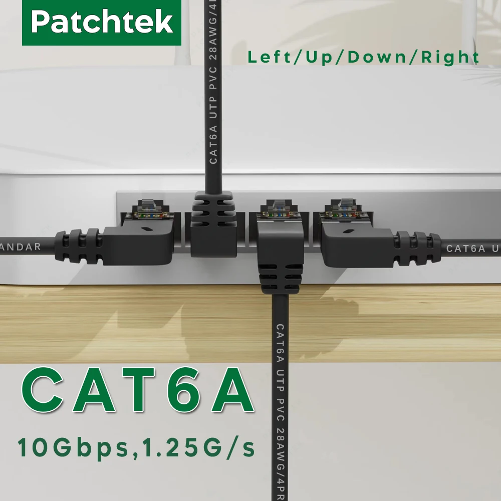 Patchtek Cat6a RJ45 90 Degree Angle Ethernet Cable Slim Right Left Up Down 90 Degree Ethernet Cable 10Gbps For Ps5 Laptop BOX