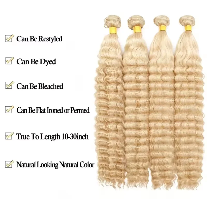 613 Human Hair Bundles Deep Wave 1/3/4 Bundle Blonde 22 24 26 28 Inch Color 613 Bundles Human Hair Extension 65g Single Bundle Double Weft Unprocessed Brazilian Virgin Hair - view 3