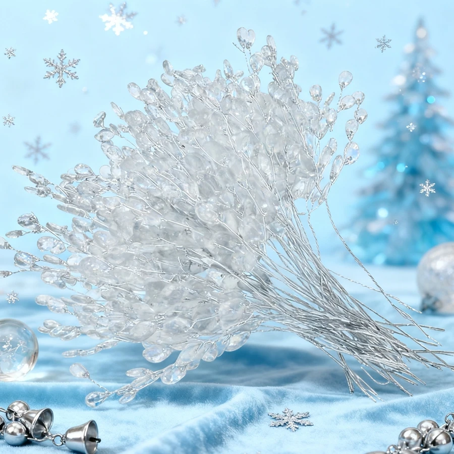 

50/100pc Artificial Flower Acrylic Water Droplet Handmade Christmas Tree Room Decor Wedding Bridal Bouquet Hairpin DIY Gift Box