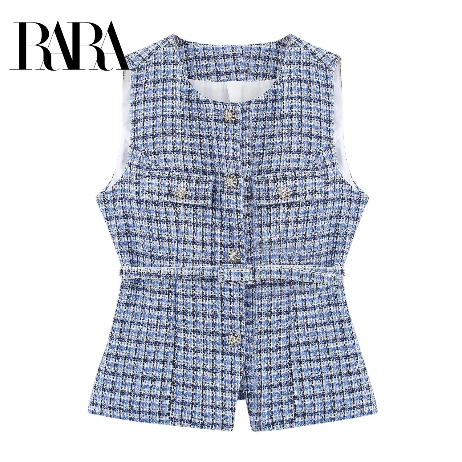 

RARA 2025 Womens Sleeveless Checkered Patterned Button - Front Waisted Tweed Blouse for Daily and Office Wear