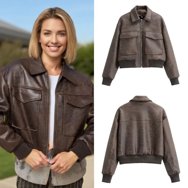 

Autumn New Women's Clothing Fashion Spliced Short Loose Imitation Leather Pilot Lapel Jacket Big Pocket Decoration Women Coat