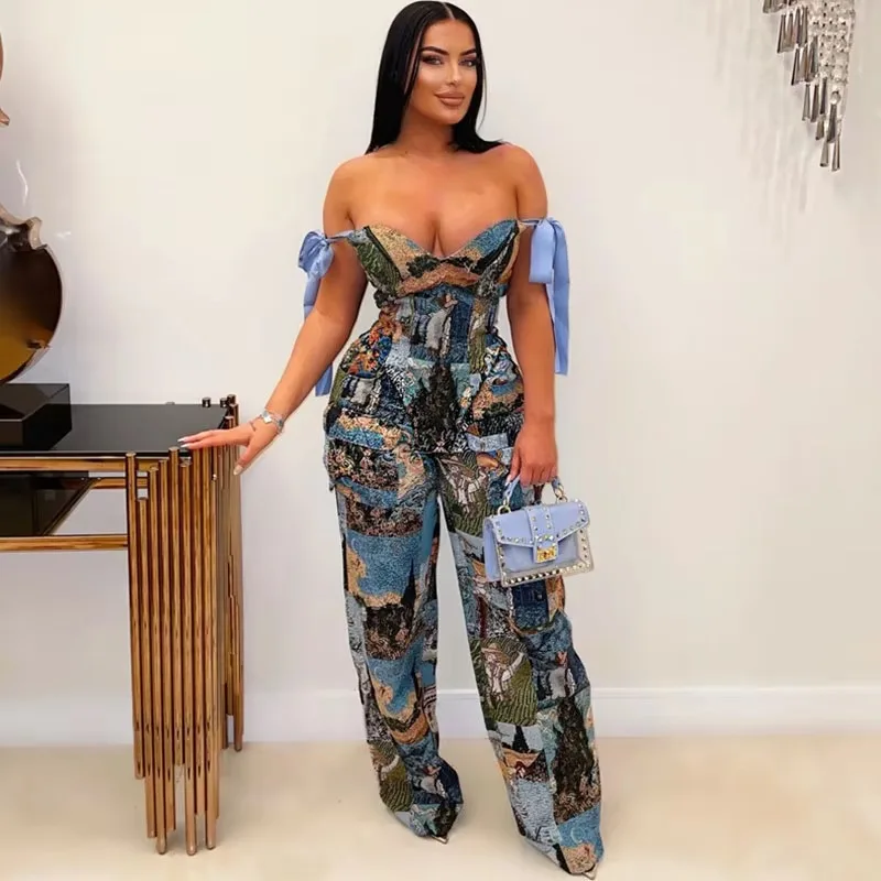 Print Pattern Two Piece Set for Women Sexy Night Club Outfits Off Shoulder Lace-up Bandage Top and Wide Leg Pants Matching Sets