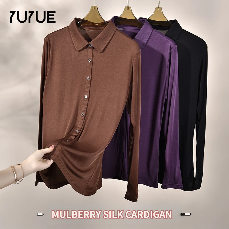 Yuyue 2024 New Leisure Lapel Silk Cardigan Long Sleeve Fashion High Sense Single-breasted Mulberry Silk Shirt Big Size