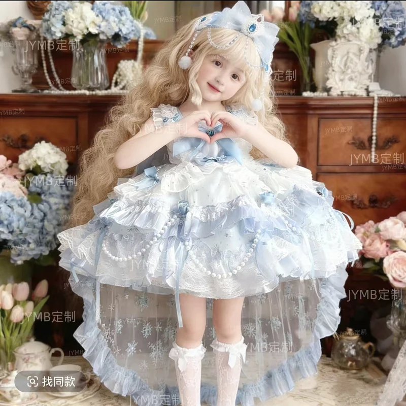 Baby Girl Summer Blue Sweet Lolita Floral Lace Princess Gauze Ball Gown Floral Lace Dress Birthday Wedding Party Eid Childen Clo
