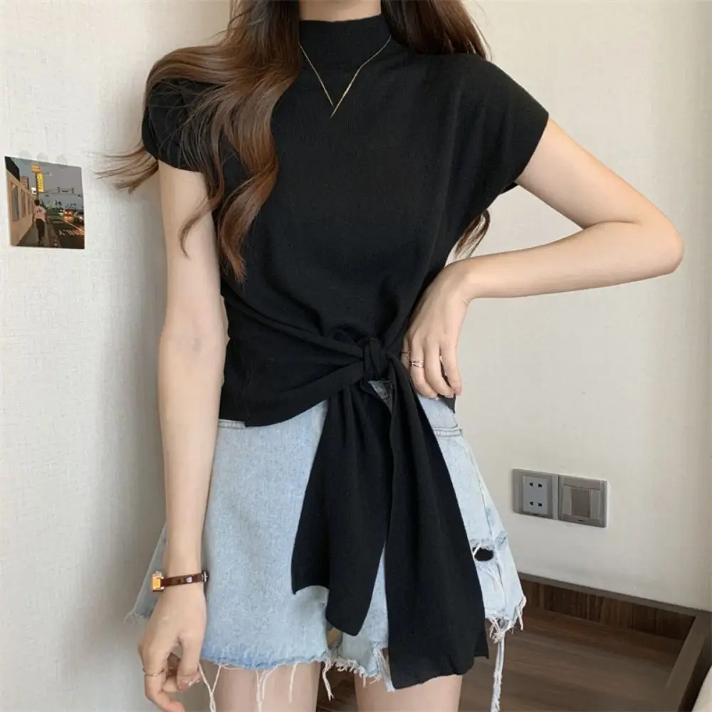 

Cute Lace Up Short Sleeve T-shirt Kintwear Slim Fit Y2K Crop Top Women Bottoming Shirt Chic Half High Collar Tees Top Summer